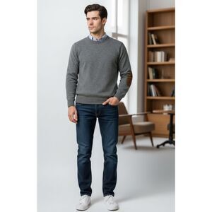 ERDOS Wool Sweater Men’s L Gray Knit Faux Suede Elbow Patches Old Money